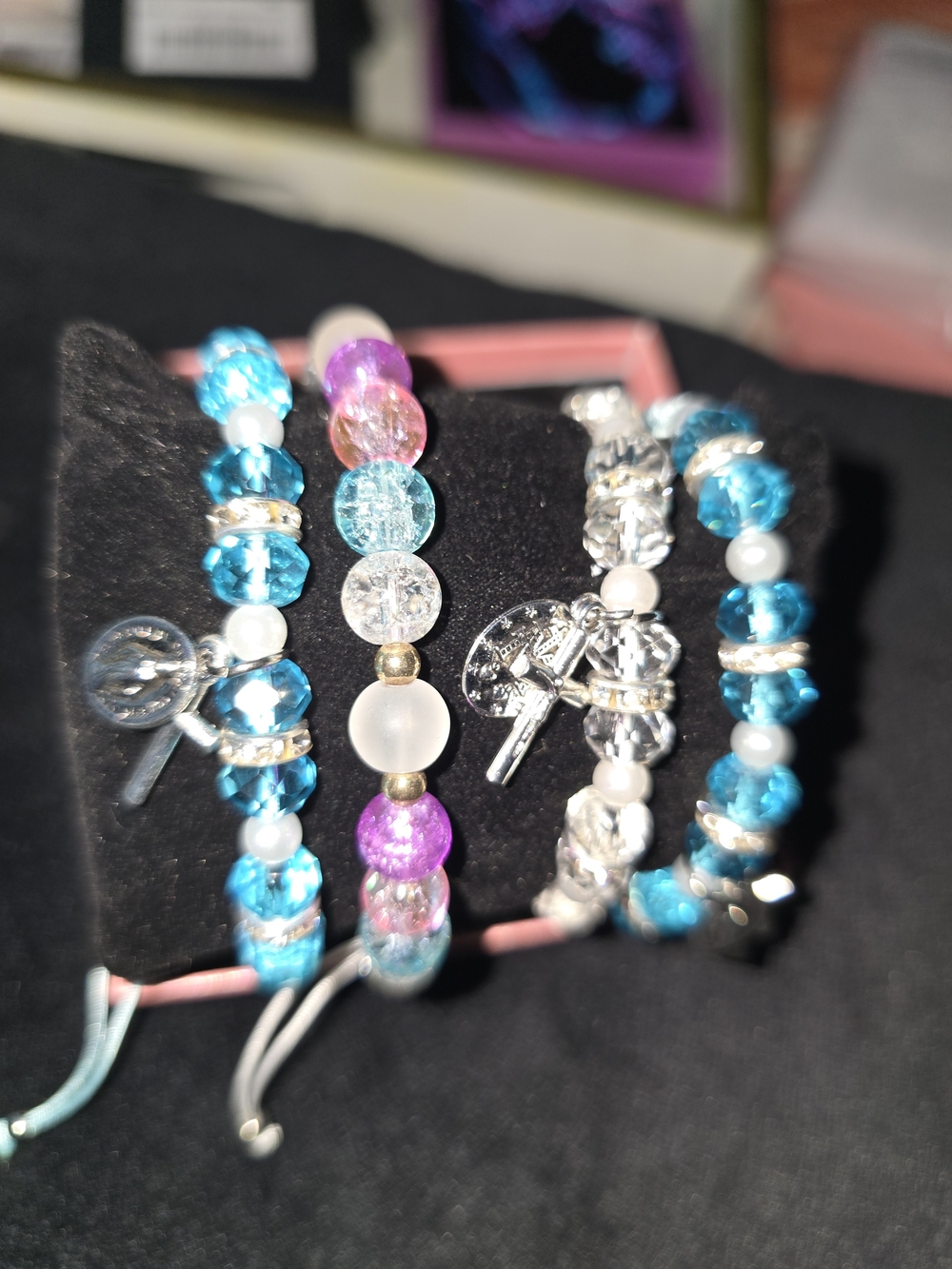 Set of Turquoise & Clear Beaded Stretch Bracelets